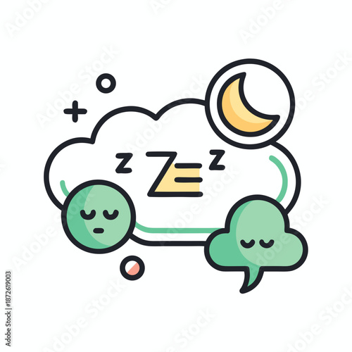 Cartoon sleep thought bubble with moon and chat cloud