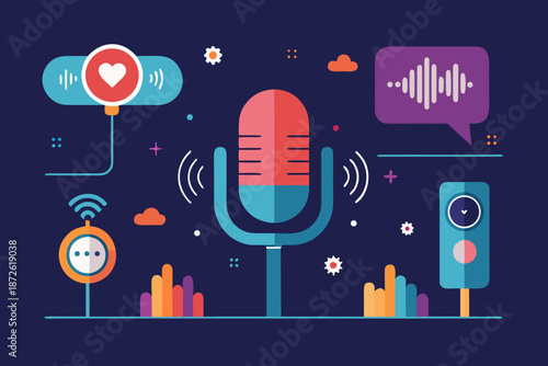 Colorful illustration of a microphone with social media and audio icons