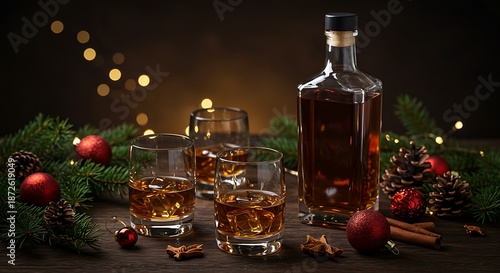 Festive whiskey arrangement with christmas decorations and bottle on wooden table setting scene view