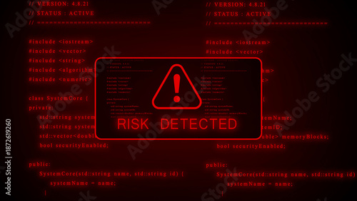 Digital warning interface with red glowing code and a prominent alert for risk detection, featuring an exclamation mark and a dark background, signifying a cybersecurity threat or system vulnerability