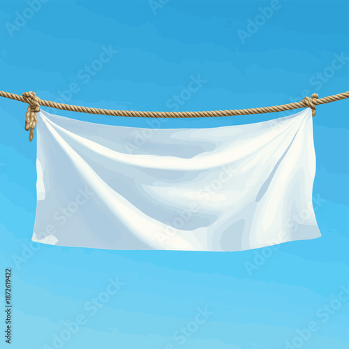 White banner stretched out on the ropes against the blue sky , vector style simple color