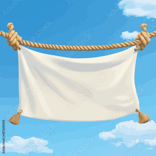 White banner stretched out on the ropes against the blue sky , vector style simple color