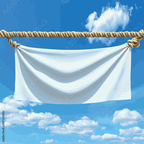 White banner stretched out on the ropes against the blue sky , vector style simple color