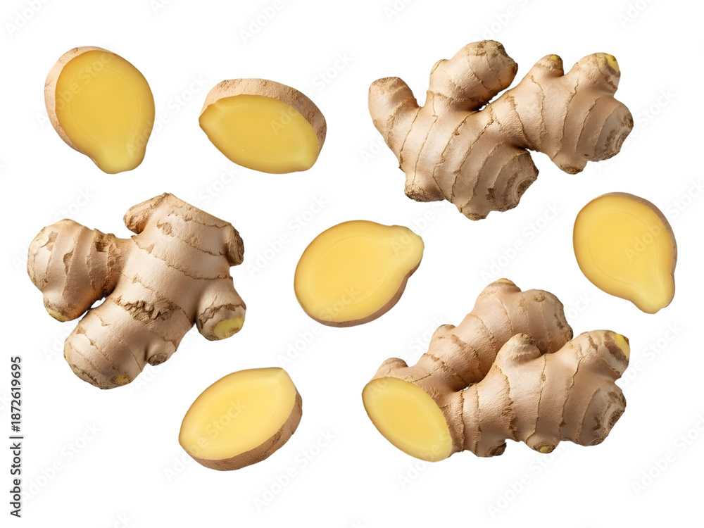 Fototapeta premium Fresh ginger root and slices isolated on white background
