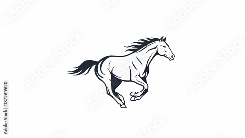Running horse illustration in black and white outline style.