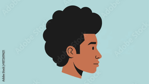 Profile of a young man with dark curly hair.