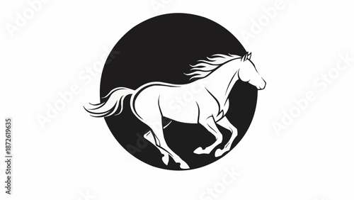 Running Horse Silhouette Inside A Black Circle Logo.