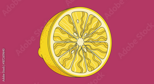 Sliced lemon on a pink backdrop, drawn in cartoon style