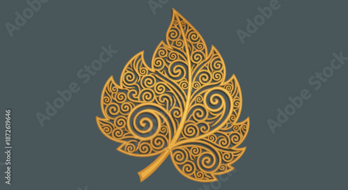 Gold filigree leaf with swirling patterns on dark background
