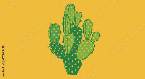 Stylized green cactus with yellow stars on a yellow background