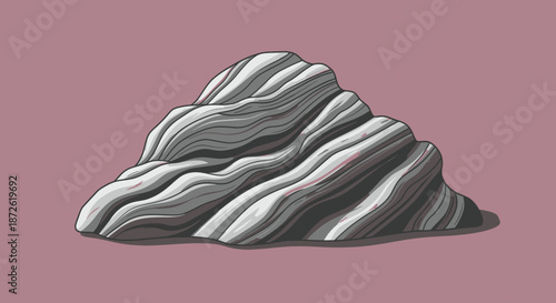Pixelated rock formation with gray stripes on a muted pink background
