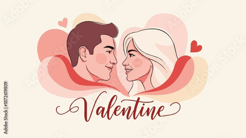 Couple looking at each other with hearts and Valentine text.