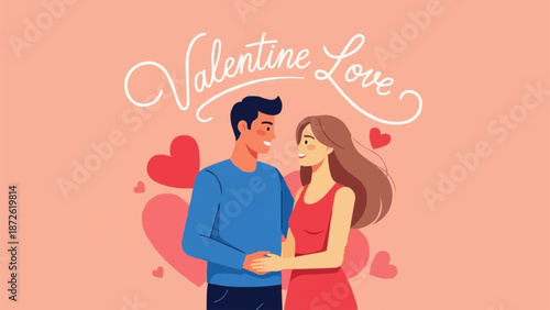 Couple Holding Hands Surrounded by Hearts Celebrating Valentines Day.