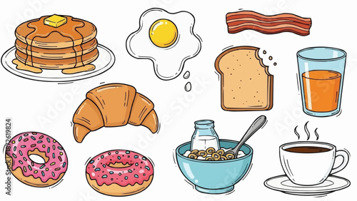 Delicious Breakfast Food Items Collection Illustration.