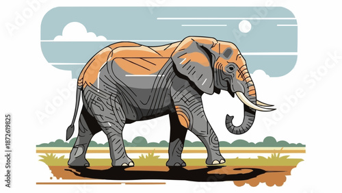 Illustration of a majestic elephant walking in a savanna landscape.