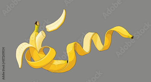 Cartoon banana, partially peeled with a long spiral peel on grey