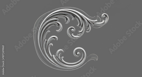 Silver floral ornamental design with swirls and curls on a gray background
