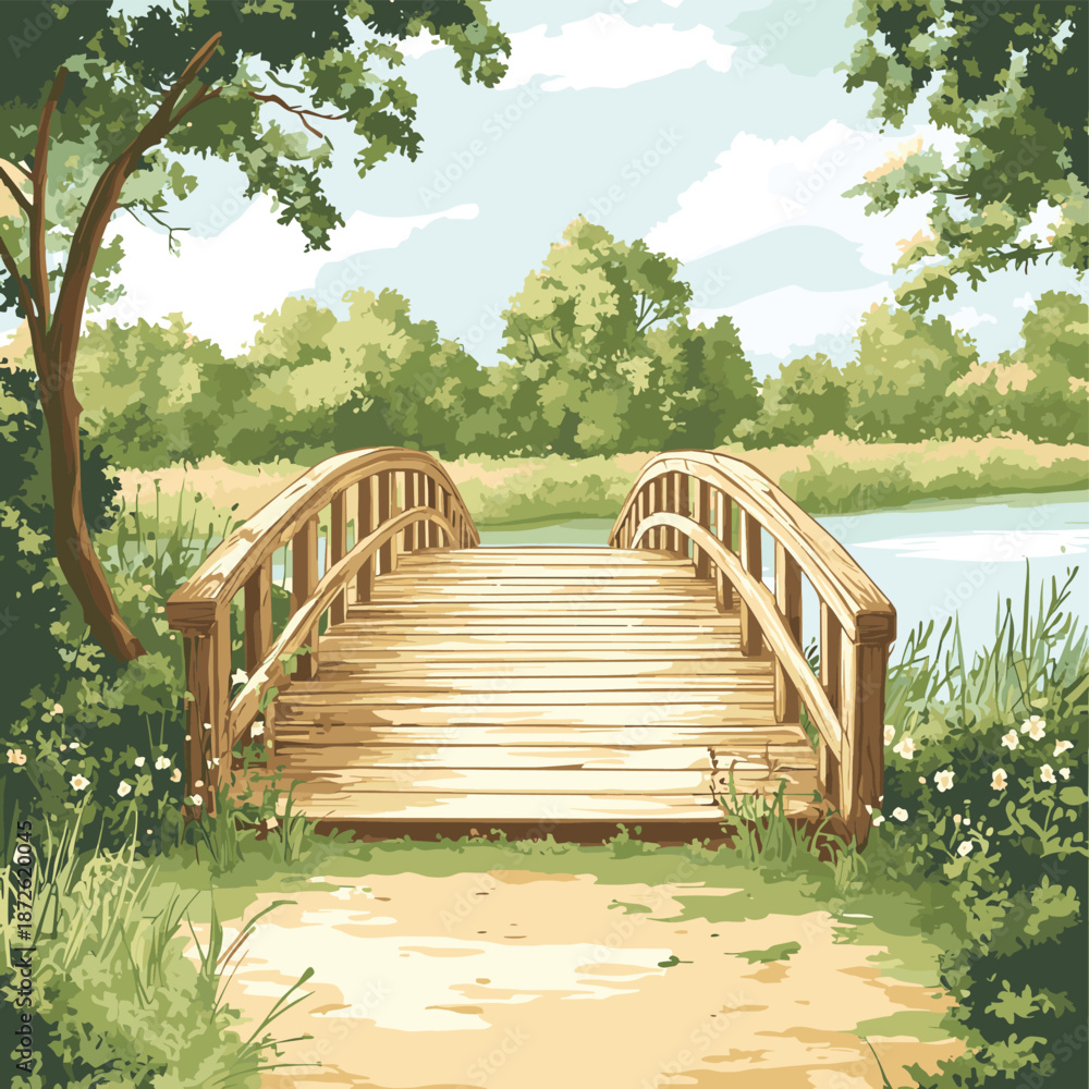 Obraz premium Old wooden bridge over the river in the countryside , vector style simple color