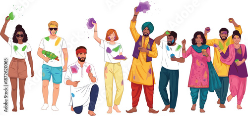 Happy Holi festival vector illustration with a large diverse group of people celebrating with colorful powder and pichkaris.