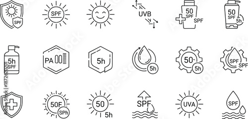 Collection of SPF and sun protection icons, vector graphics for skincare and health.