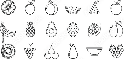 Collection of fresh fruit icons, including citrus, berries, tropical, and orchard fruits, for healthy eating.