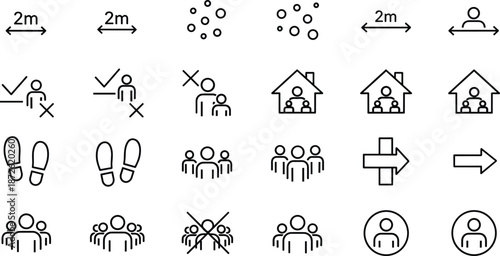 Social distancing icons illustrating safe spacing and crowd management for public health.