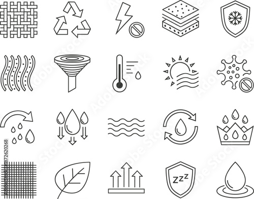 Fabric technology icons illustrating material properties like waterproofing, breathability, and insulation.