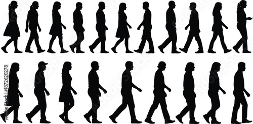 Silhouettes of diverse people walking in profile, representing movement, community, and daily life.