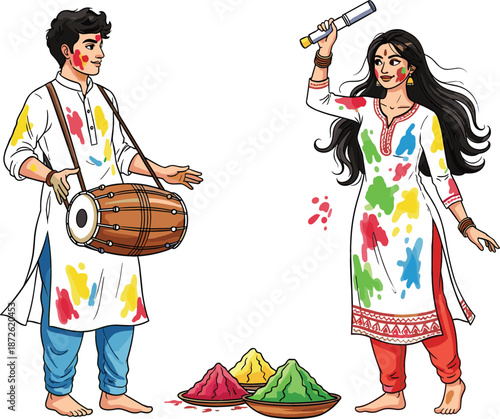 Happy Holi festival vector illustration with man playing dhol woman holding water gun and colorful powder bowls.
