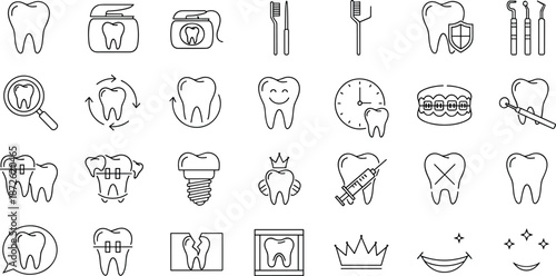 Dental hygiene icons: tooth care, braces, implants, and dental instruments.