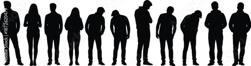 Diverse group of people silhouettes in casual clothing, standing and looking down.