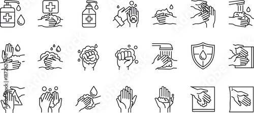 Hand washing icons illustrating soap, water, bubbles, and sanitization for hygiene.