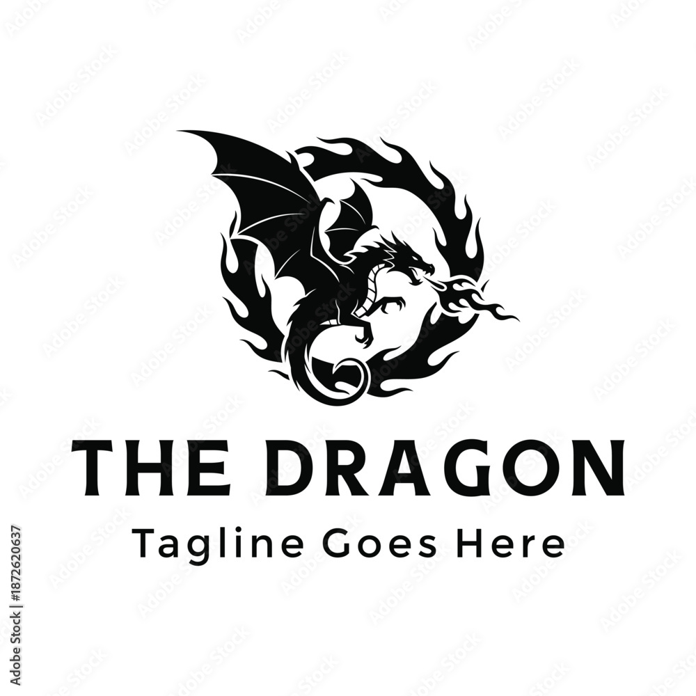 Obraz premium Silhouette Flying dragon with widespread wings breathing fire for brand gaming or fantasy mystery logo design