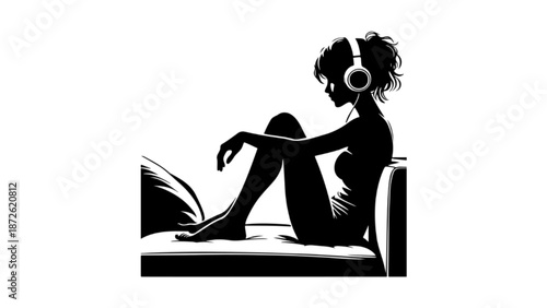 Silhouette of Person Relaxing on Sofa Listening to Music with Headphones