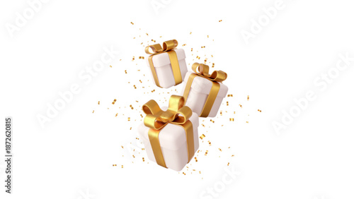 3D Render of Gift Box with Golden Ribbon and Confetti