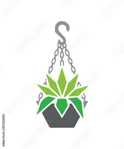 Green plant in pot with hanging chains vector illustration
