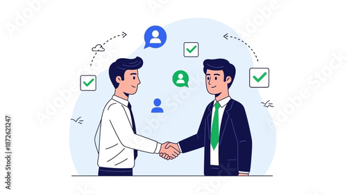 Business Partners Shaking Hands, Agreement, Partnership, Teamwork, Success, Illustration