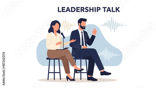 Two business leaders discussing ideas, with audio wave graphics symbolizing communication.