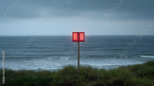 Wallpaper Mural A red warning light beacon stands on a grassy cliff overlooking the turbulent ocean under a cloudy sky Torontodigital.ca