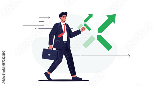 Businessman walking towards growth arrows, symbolizing success and progress