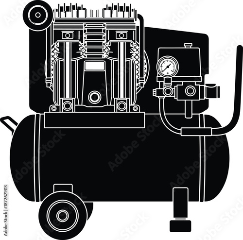 Industrial air compressor silhouette vector illustration isolated on white background, mechanical equipment machine design for workshop, factory, engineering, power tool concepts