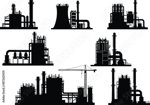 Industrial buildings, factory silhouettes, power plant, refinery structures, construction crane, cooling towers, vector illustration, black icons, editable graphic, infrastructure design