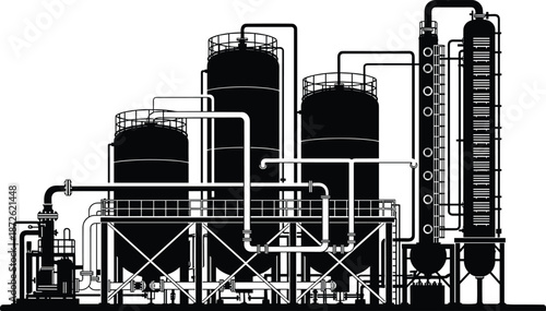 Industrial chemical plant silhouette vector illustration, large storage tanks and pipelines, oil gas refinery process facility isolated on white background