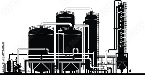Industrial chemical plant silhouette with storage tanks and pipelines, black vector illustration of refinery processing facility, energy production and manufacturing infrastructure concept