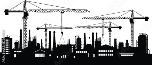 Industrial construction skyline with cranes silhouette, black vector illustration of factory expansion, heavy engineering development, urban industry infrastructure concept, manufacturing growth scene