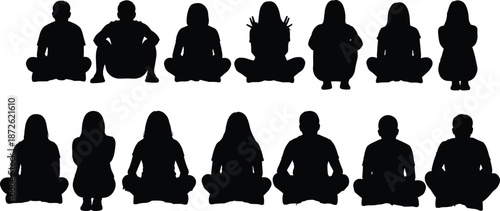 People sitting silhouettes vector illustration isolated on white background, men women seated poses set for meditation, yoga, audience, relaxation 