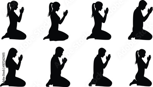 Praying people silhouettes vector illustration isolated on white background, men and women kneeling prayer poses set for religion, faith, spirituality concepts