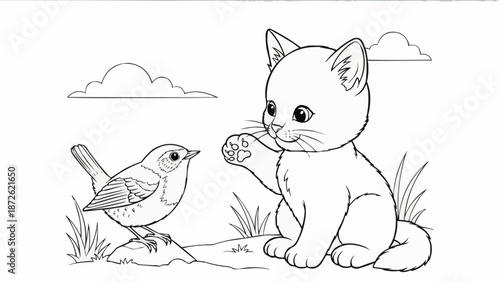 Cute cartoon kitten and bird illustration for coloring.