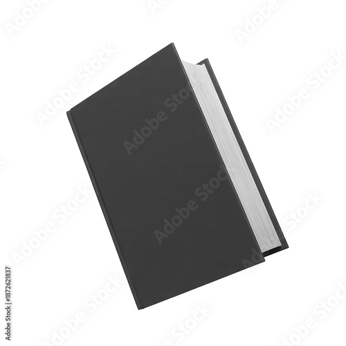 A simple elegant plain dark grey hardcover book is slightly open showing its many crisp clean white pages, isolated on transparent background