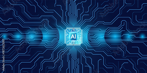 AI innovation concept.  Abstract digital background. Index human finger presses on a light blue AI chip or processor.  Artificial Intelligence concept. 3D low poly wireframe vector illustration.